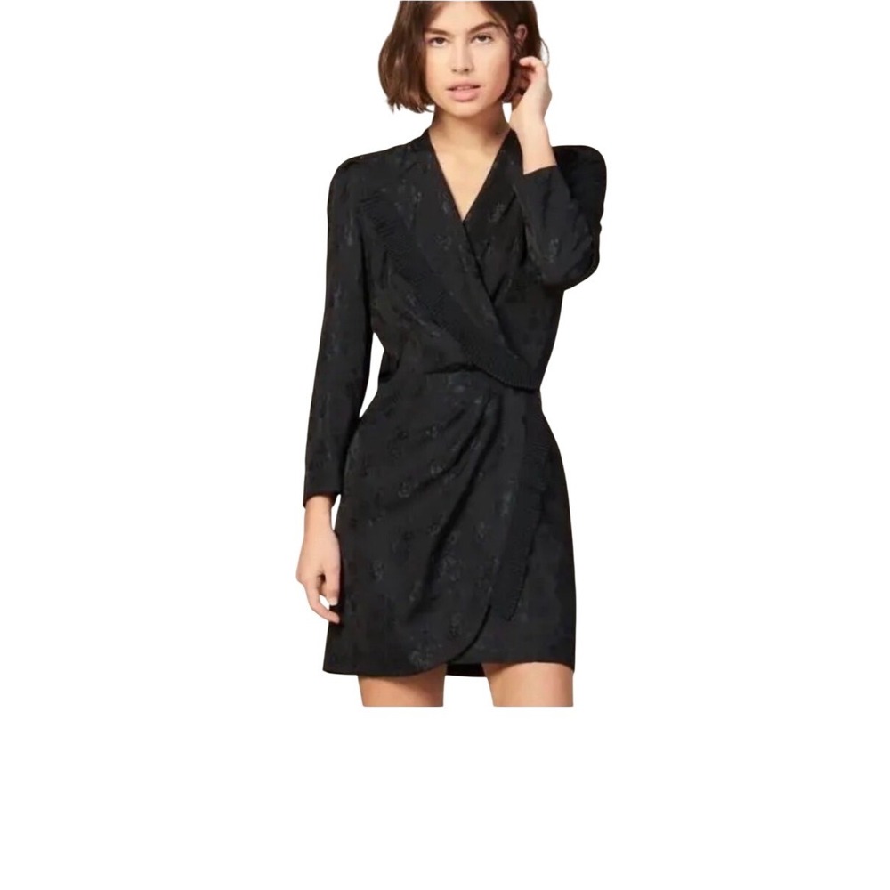 Sandro Paris Floral Jacquard Wrap Dress Long Sleeve‎ Dark size S Black